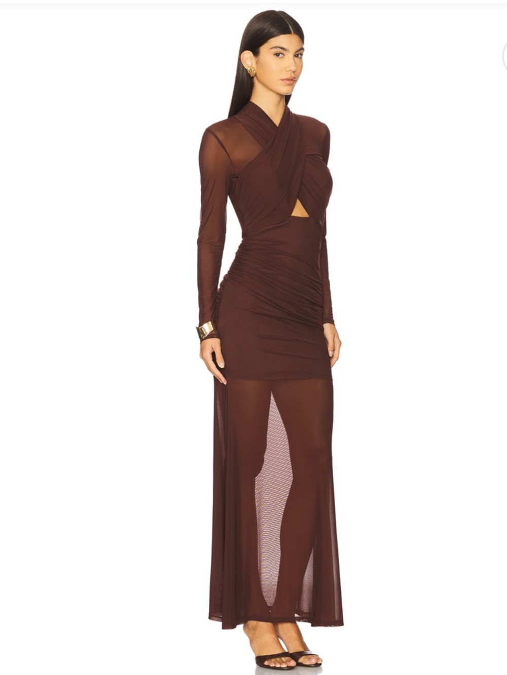 Veria Wrap Mesh Maxi Dress in Chocolate - Picture 2 of 3